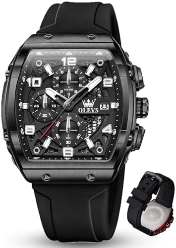 OLEVS Black Watches for Men 3ATM Waterproof Fashion 40 * 50mm Square Dress Men Watch Luxury Silicone Strap Chronograph Square Big face Easy to Read Man Wrist Watch with Date Numerals for Him