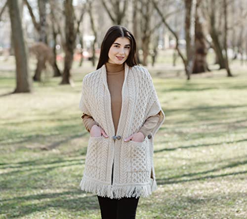 SAOL 100% Merino Wool Shawl/Poncho Sweater/Open Cardigan/Wool Cape with Pockets with Fringe Trim and Trinity Knot Button3