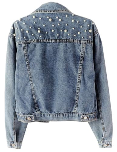 Oversized Denim Jacket Women Embroidered Pearls Short Crop Jean Jacket Button Down Distressed Denim Shacket Pockets3