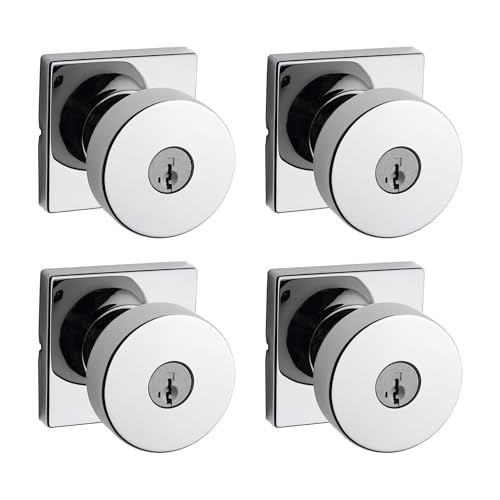 Image of Kwikset Pismo Entry Door Knob with Lock and Key, Secure Keyed Handle Exterior, Front Entrance and Bedroom, Polished Chrome, 4 Pack, Pick Resistant SmartKey Rekey Security