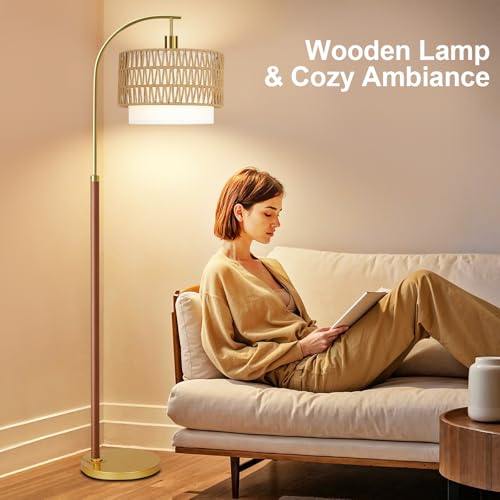Image of ZECOXOL Boho Floor Lamps for Living Room Wood Floor Lamp with Remote Control,Dimmable Rattan Floor Lamps Farmhouse Gold Standing Lamp with 3 Color Temperature Tall Arc Floor Lamp for Bedroom Corner