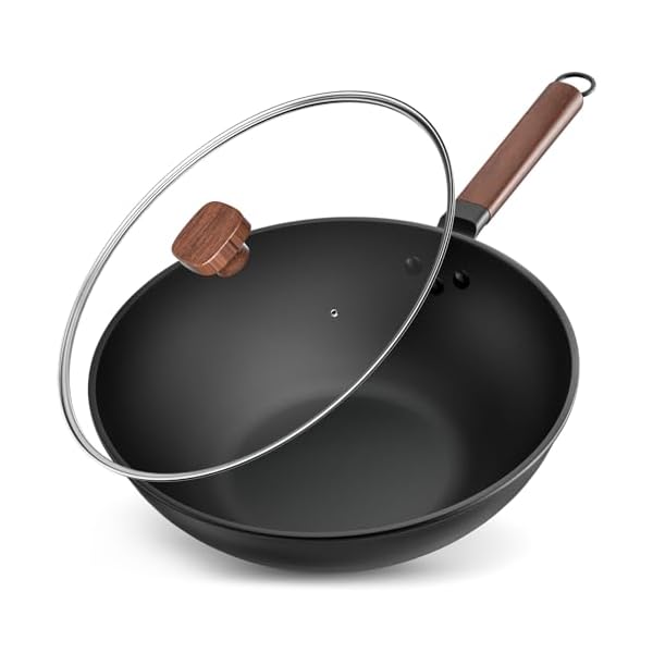 Jobin 33cm/5.6L Non Stick Wok with Lid Carbon Steel Frying Pan No Chemical Coated and Large Capacity for Cook Asian Dishes for 4-6 People, Ideal for Induction, Gas, All Hobs