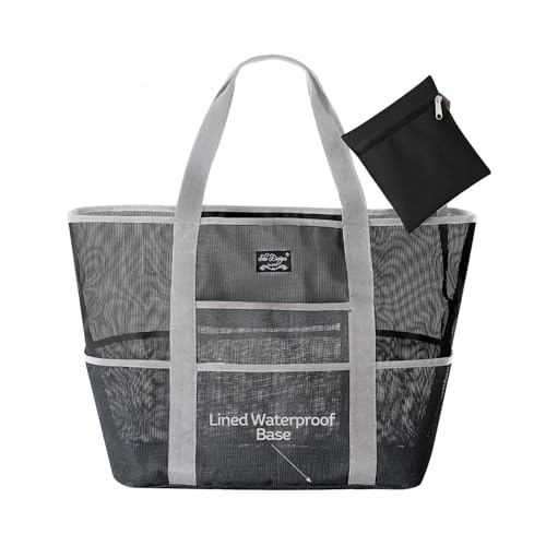 SoHo Collection, Mesh Beach Bag – Toy Tote Bag – Large Lightweight Market, Grocery & Picnic Tote with Oversized Pockets (Black and Gray)