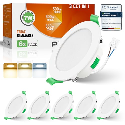 ALUSSO LED Einbaustrahler 230V Dimmbar 68mm 7W Ultra Flach IP44 LED Spots Warmweiß Neutralweiß Kaltweiß Deckenspots für Badezimmer Küche Wohnzimmer, Weiss, 6er Set