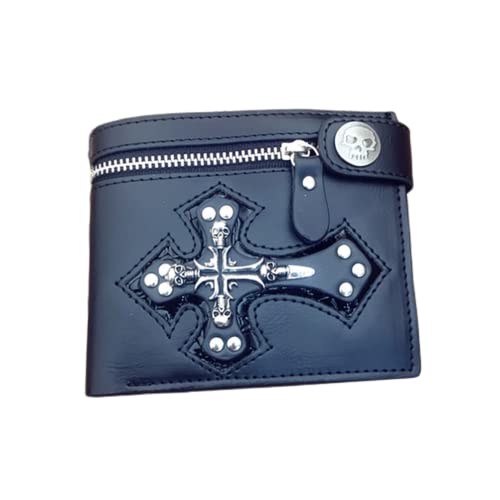 HeiBai Xiong Gothic Cross Wallet Punk Bifold Skull Goth Billfold Leather Wallet With Snap