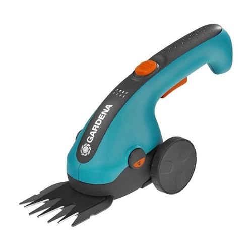 Foto von Gardena Set Akku-Grasschere ClassicCut Li: Rasenschere-Komplettset mit Teleskopstiel und Rädern, für den Schnitt von Rasenkanten ohne Bücken (9855-20) Türkis, Schwarz, Orange
