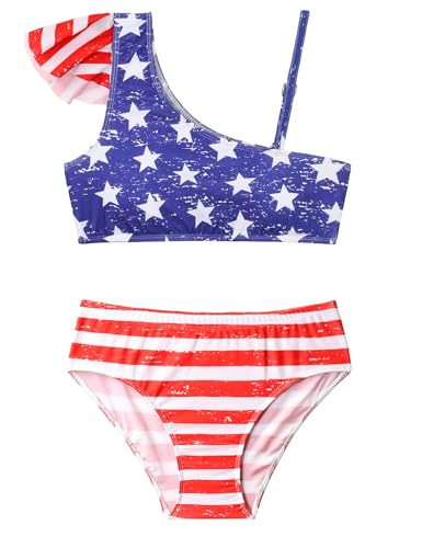 Bathing Suits for Girls Size 8-9 Years Old Blue White Stars Ruffle Bikini Swimsuit Set with Bottom