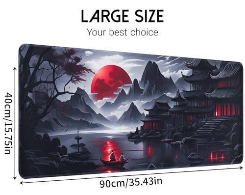 Image of Black Mouse Pad Gaming Keyboard Pad 35.4 x 15.7 in Computer Mouse Pad Anime Gaming Mousepad, Expanded Architecture Cool Desk Pad, Japanese Red Moon Large MousePads Suitable for Home Office