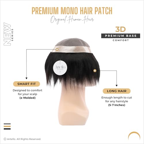 Image of Artello PREMIUM MONO Smart Hair Patch for Men, Smooth Hair Wig in 100% Natural Human Hair, Easy Fit with Tape, Glue or Clips, 3D Premium Base (Colour: Natural Black) (7x5)