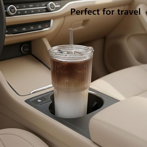 Image of Ruckae 20oz Ribbed Glass Tumbler with Lids and Straws - 2 Pack Leak Proof Iced Coffee Cup- Aesthetic Glass Cups with Bamboo Lids for Home,Office,Travel and Gifts (2, Transparent)