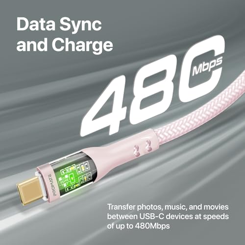 Image of Promate USB-C to USB-C Cable, Premium 60W Power Delivery Type-C Cable with Transparent Shells, 480Mbps Data Sync and 120cm Nylon Braided Cord for Galaxy S22, iPad Air, TransLine-CC-Pink