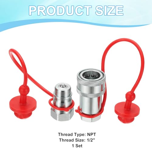 Image of PATIKIL 1 /2 inch NPT ISO-A Hydraulic Quick Disconnect Coupling, 1 Set Flat Face Hydraulic Quick Connect Coupler with Dust Caps Quick Release Coupling Set