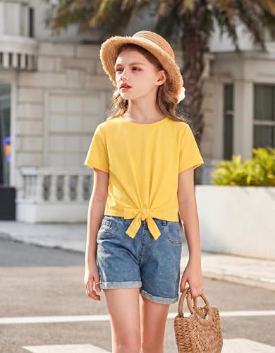 Image of Arshiner Girls Short Sleeve Shirts Tie Knot Front Tops T Shirts for Kids Crewneck Cute Casual Tie Dye Tee Blouse