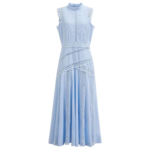 CHICWISH Women Lace Panelled Sleeveless Cotton Dress Fitted A-Line Flowy Elegant Spring Summer Holiday Long Dress Blue