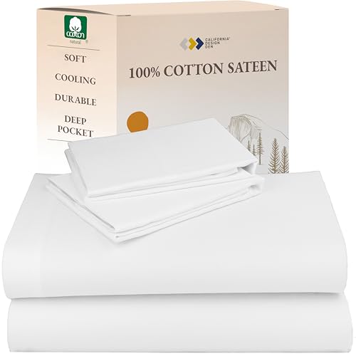 Queen Sheet Set - Natural 100% Cotton Sheets Queen Size Bed Set with Deep Pockets, Soft Sateen Weave, Breathable, Cooling and Durable Bedding by California Design Den (White)