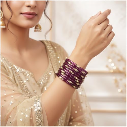 Image of SUNDRAM Women's Premium Fancy Glass Bangles for Women & Girls |with Zircon Gemstone Work & Charm| Traditional Ethnic Bangles Set of 12