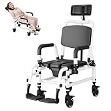 NJUN Toilettenrollstuhl für Senioren, Duschstuhl Fahrbar mit Liegefunktion, Aluminium Toilettenstuhl mit Rollen, Verstellbarer Kopfstütze und Wasserdichtes PU Gepolstertem Sitz, 150 kg Belastbar