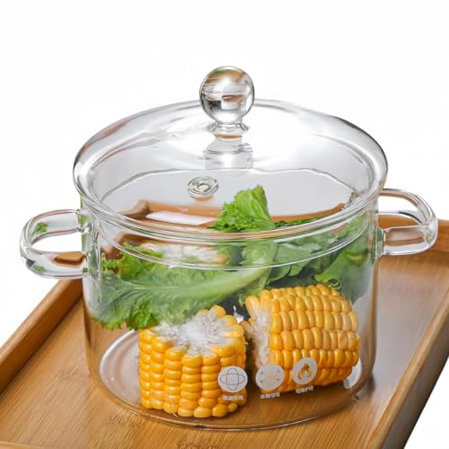 Glass Simmer Pot with Lid, Clear Glass Saucepan, Heat-Resistant Borosilicate Glass Stovetop Pot for Stove Potpourri, Saucepan Pot FIts for Cooking, Soup, Milk, Tea and Baby Food (1.35L/45OZ)
