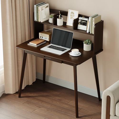 IOTXY Holz Kleiner Schreibtisch mit Aufsatz – 100 cm Modern Arbeitstisch, Computertisch mit Schublade im Heimbüro, Walnuss