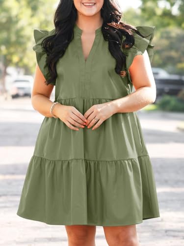 Image of Fisoew Plus Size Dresses for Women Summer Ruffle Short Sleeve V Neck Dress Tiered Swing A Line Babydoll Mini Dress