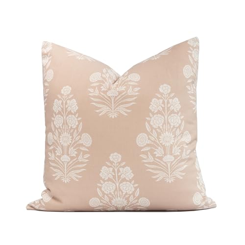 Crumbs Home Modern Farmhouse Fall Linen Indoor Outdoor Throw Pillow Cover Only, 20"x20" Water Repellent for Patio, Backyard, Couch, Ivory Cream Neutral Floral