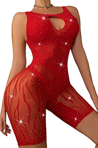 Sexy Sparkly Rhinestone Bodysuit - Exotic Valentines Mesh Fishnet Dancewear Romper Cut Out Bodycon Dress For Women (Red,O,1053A) #TOP1