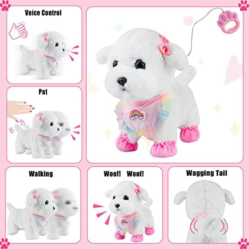 Locisne White Interactive Pet Dog Toy, Smart Pets Walks Barks Shake Tail Simulation Dog, Touch Gesture and Voice Control, Realistic Interactive Soft Toy for Children, Outer Fleece is Washable