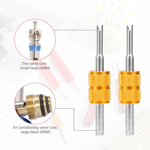 Image of PEUTIER 6pcs Valve Stem Remover Tool Kit, Tire Valve Stem Remover Tool Kit A /C HVAC Air Conditioner Valve Stem Puller Core Remover Tool Single and Dual Heads Valve Core Remover Tool (Gold)