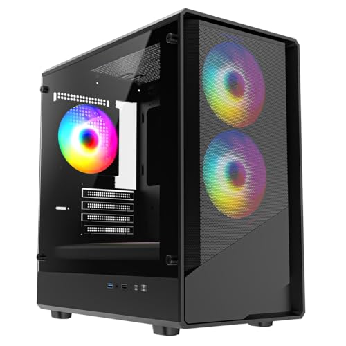CiT Level 5 Black Gaming PC Case – Micro-ATX Computer Case with Mesh Front & Tempered Glass Side - 3 x 120mm ARGB Fans and 6-Port PWM Fan Hub Included - AIO Support - USB 3.0, USB 2.0 - HD Audio/Mic