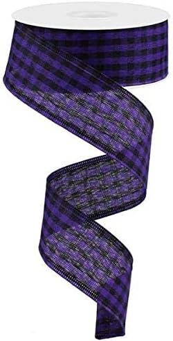 Gingham Check Wired Edge Ribbon, 1.5" x 10 Yards (Purple, Black)