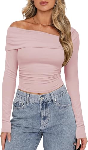 TrendiMax Womens Long Sleeve Sexy Tops Off Shoulder Ruched Ribbed Knit Shirt Fleeced Slim Fit Blouse T Shirt Pink