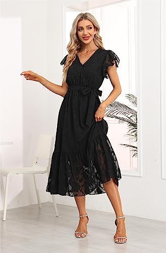 Image of VintageClothing Womens Sundress Casual Floral Summer Boho Dress | Flowy Wrap V Neck Ruffle A-Line Pleated Hem Midi Dresses