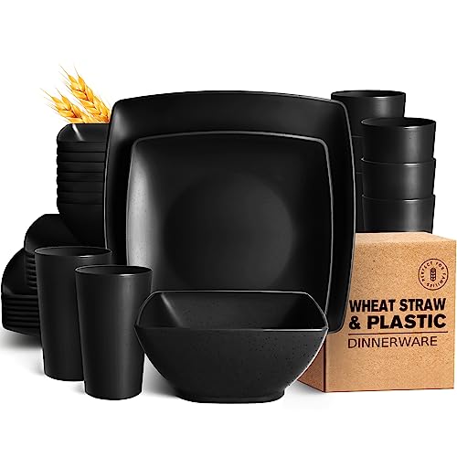 Teivio 32-piece Plastic Wheat Straw Square Dinnerware Set for 8, Unbreakable Dinner Plates, Salad Plates, Snack Bowls, Tumblers 20 oz, Dishwasher Safe, Black Matte