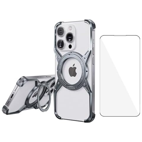 Ymuyus Metal Bezel-Less Magnetic Case for iPhone 13/14/15 6.1",360° Rotating Finger Ring Stand, Compatible with Wireless Charging [Premium Shell] (Titanium Gray, for iPhone 13/14/15 6.1") Cover