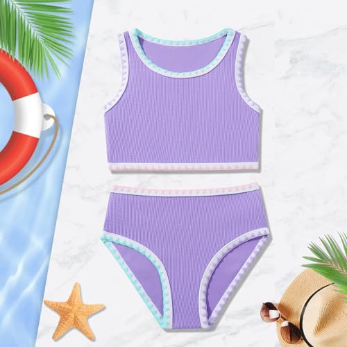 Girls Bathing Suit Toddler Swimsuits 2 Piece Bikini Sets Round Neck Colorful Lace Teen Girls Swimwear 3-14T4