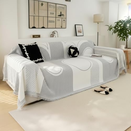 Image of The Furnishing Tree 3 Seater Reversible Chenille Sofa Cover, Double-Sided Luxury Throw, Anti-Slip Couch Cover, Soft & Comfortable Sofa Towel for All Seasons, Light Grey Stripe