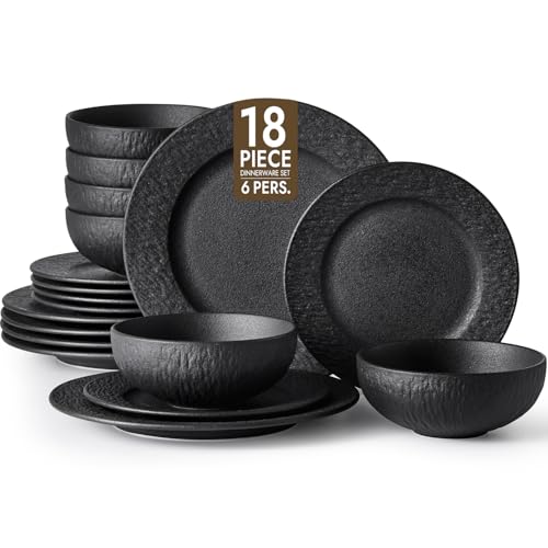 KINGSTONE Black Dinnerware Sets, 18-Piece Matte Marble Pattern Premium Porcelain, Place Setting with Dinner Plate, Salad Plate, Pasta Bowl, Microwave and Dishwasher Safe Black Service for 6-