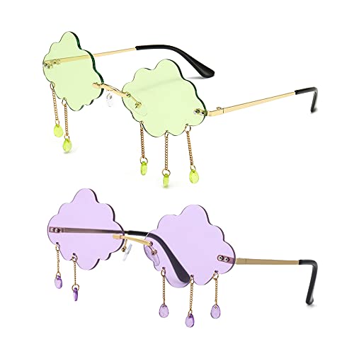 GANFANren 2 Stücke Randlose Bunte Sonnenbrille, Sonnenbrille, Retro Brille, Punk Brille Für Frauen Männer, Trendige Cloud Sonnenbrille (Grün, Lila) Für Strand, Sommer, Festival, Alltag Cover