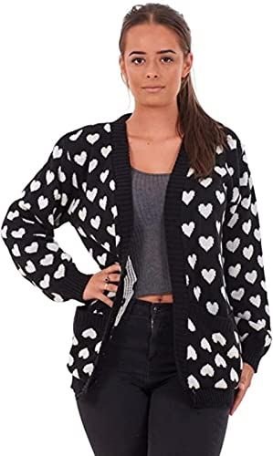 JJ CLOTHING Women's Aztec, Hearts and Leopard Print Long Knitted Open Cardigan Ladies Jumper Knitwear Top UK S-XXL (Hearts Black, M/L)