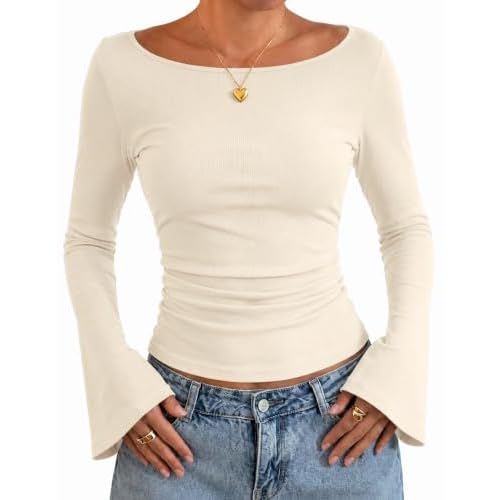 Rapbin Boat Neck Tops for Women Bell Long Sleeve R
