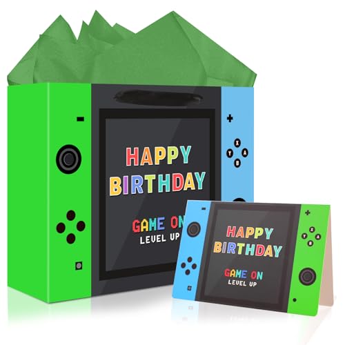 Video Game Birthday Gift Bag, 13 inch Large, with Tissue Paper and Card