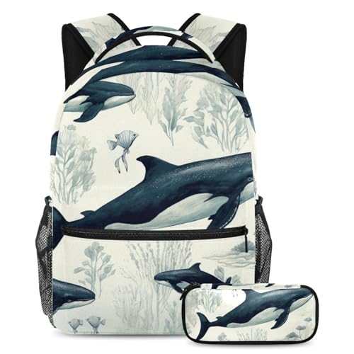 Sac à dos polyvalent 2 pièces motif baleines de l'océan profond en taille Large pour l'école