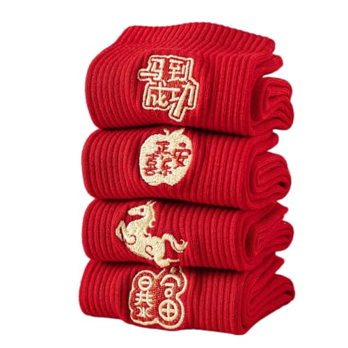 Speduckk 4 Pairs Chinese New Year Red Socks Set for Men and Women Zodiac Horse Lucky Socks with Gold Embroidery Cotton 2026 Year of the Horse Gifts