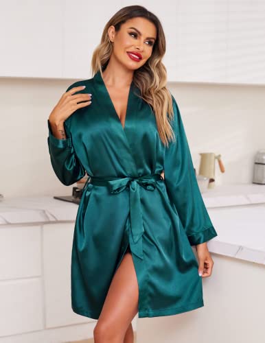 Eshion Women' Silk Satin Pajamas Set 3Pcs Lingerie Floral Lace Cami Sleepwear With Robe Dark Green #TOP2