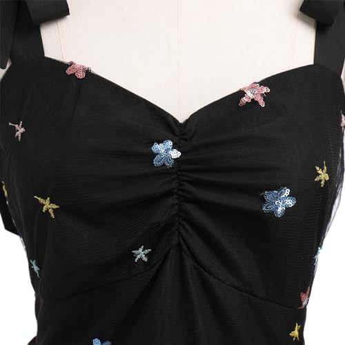 Image of IDOPIP Women 1950s Vintage Strawberry /Cherry /Sequin Star Print Cocktail Mesh Dress Self Tie Straps Retro Wedding Guest Dress