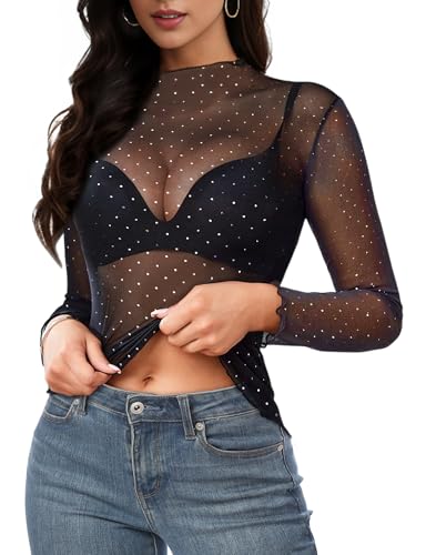 Buauty Sparkle Sheer Mesh Lace Top for Women See Through Layering Shirts Long Sleeve Mock Neck T Shirts 2025 Fashion2