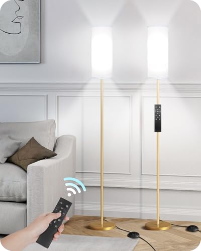 Image of Set of 2 Dimmable Floor Lamps for Living Room with 2 Remotes and Foot Switch, 64.4 inchModern Standing Lamp, Corner Lamp for Bedroom, Bulb Included, 3000K-6500K, White and Gold DCW06LDP205W1