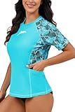 Halcurt Women's Short Sleeve Rash Guard Swim Shirts with Built in Bra Pockets UPF50+ Sun Protection Swimsuit Top Light Blue Floral L