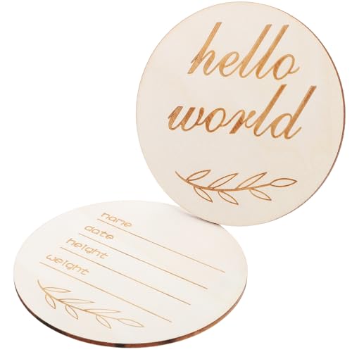 OFFIGAM Letrero de Madera Redondo para Anuncio de Nacimiento de Ñiño, Set 2 Piezas Placa Hello World y Placa para Nombre Manuscrita, Accesorio Fotográfico para Recién Nacido, Obsequio