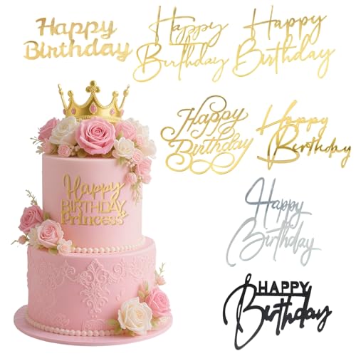 Aevorant 24 peças Happy Birthday decoração - ouro decoração bolo, espelho acrílico feliz aniversário decoração com cartões